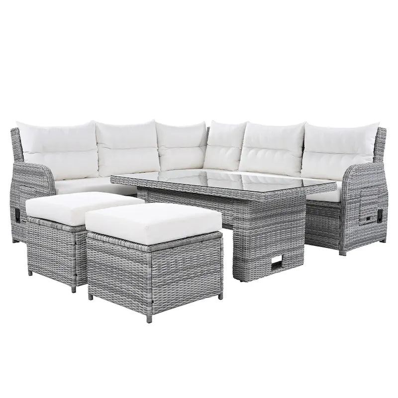 Canapé d'angle d'extérieur en rotin avec table réglable et fauteuils inclinables