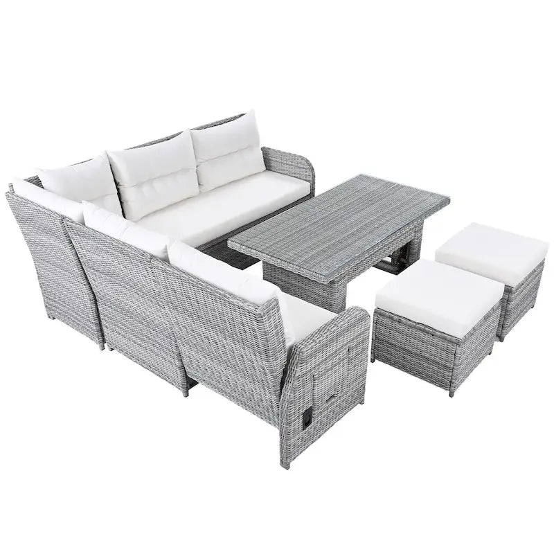 Canapé d'angle d'extérieur en rotin avec table réglable et fauteuils inclinables