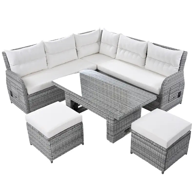 Canapé d'angle d'extérieur en rotin avec table réglable et fauteuils inclinables