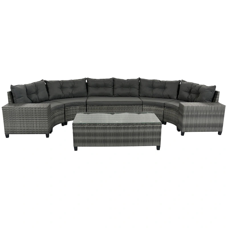 Ensemble de canapé d'extérieur demi-lune sectionnel en osier 8 pièces avec table basse rectangulaire