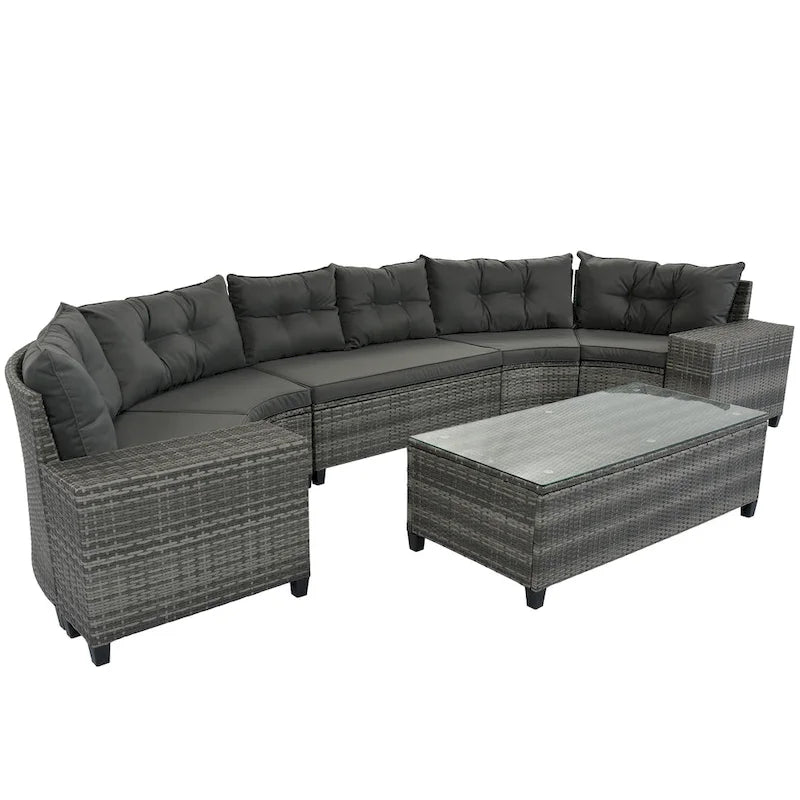 Ensemble de canapé d'extérieur demi-lune sectionnel en osier 8 pièces avec table basse rectangulaire