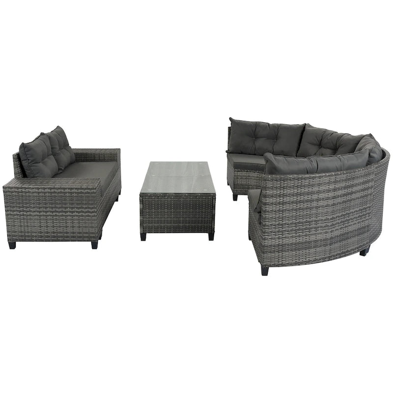 Ensemble de canapé d'extérieur demi-lune sectionnel en osier 8 pièces avec table basse rectangulaire