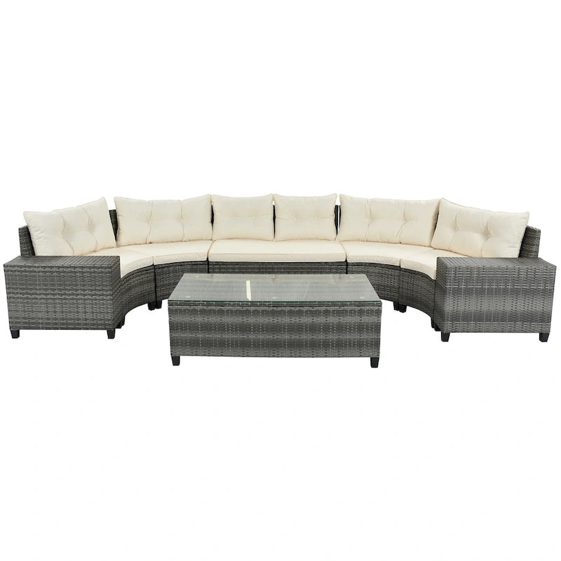Ensemble de canapé d'extérieur demi-lune sectionnel en osier 8 pièces avec table basse rectangulaire