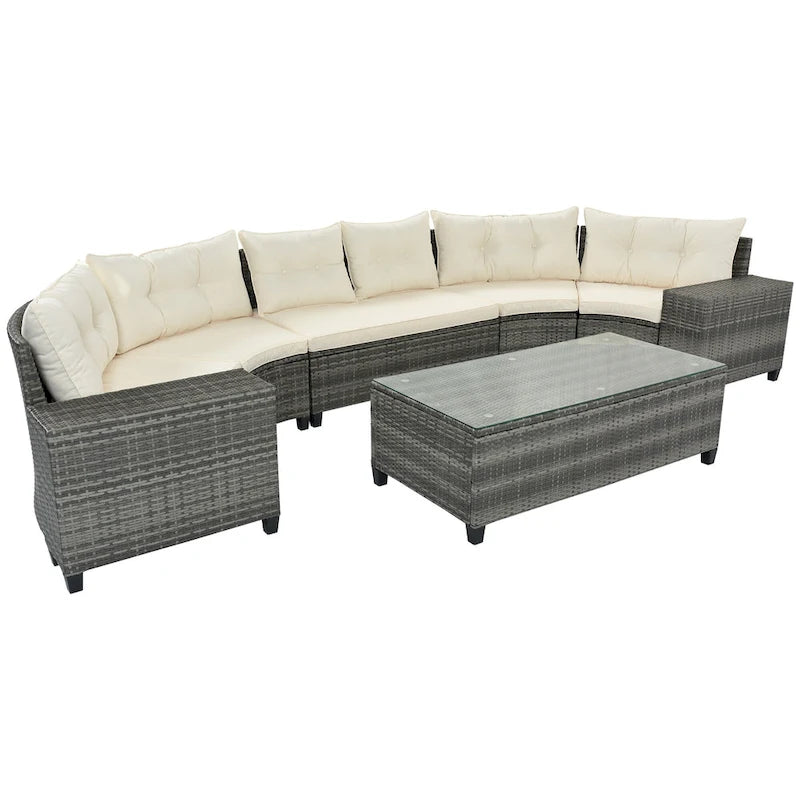 Ensemble de canapé d'extérieur demi-lune sectionnel en osier 8 pièces avec table basse rectangulaire