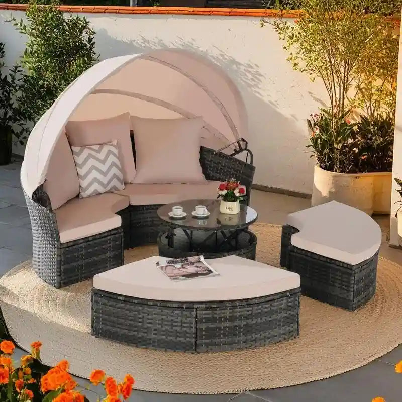 Lit de repos rond d'extérieur en rotin 5 pièces avec auvent rétractable et coussins amovibles