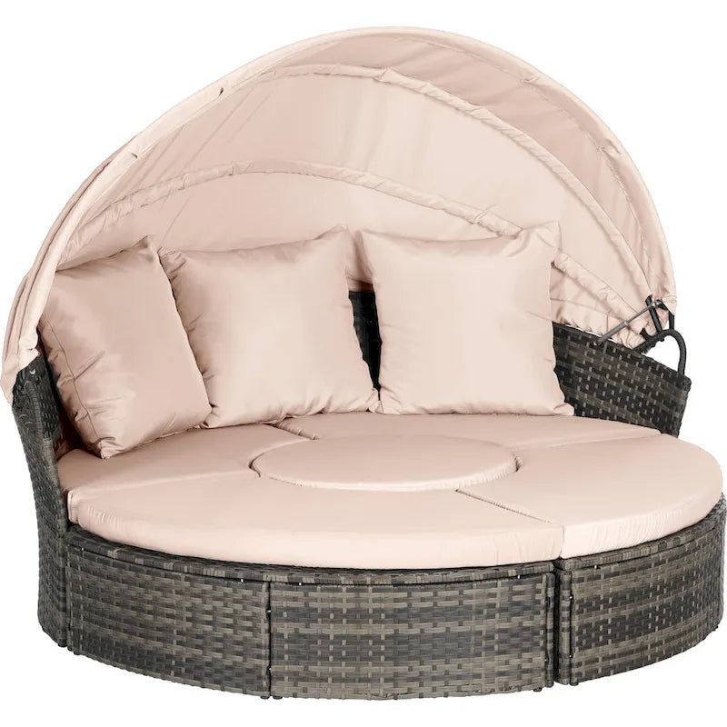 Lit de repos rond d'extérieur en rotin 5 pièces avec auvent rétractable et coussins amovibles