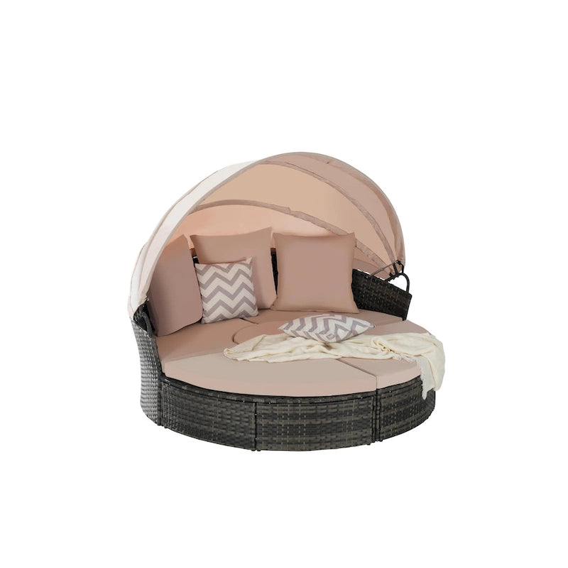 Lit de repos rond d'extérieur en rotin 5 pièces avec auvent rétractable et coussins amovibles
