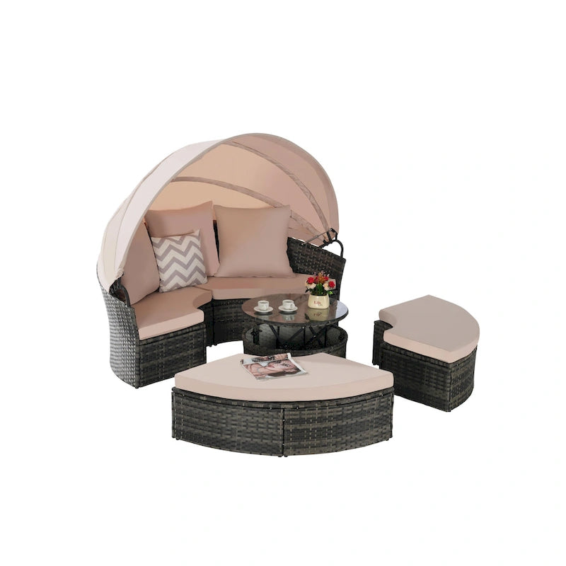 Lit de repos rond d'extérieur en rotin 5 pièces avec auvent rétractable et coussins amovibles