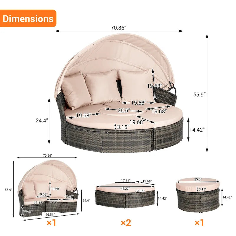 Lit de repos rond d'extérieur en rotin 5 pièces avec auvent rétractable et coussins amovibles