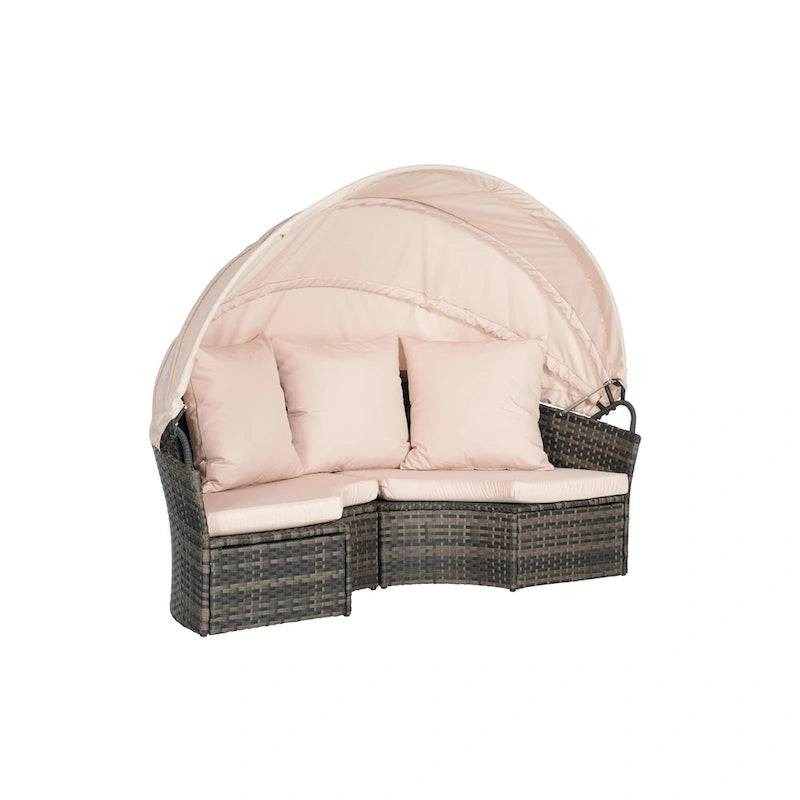 Lit de repos rond d'extérieur en rotin 5 pièces avec auvent rétractable et coussins amovibles