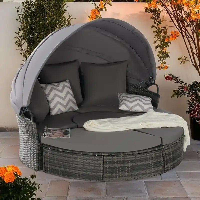 Lit de repos rond d'extérieur en rotin 5 pièces avec auvent rétractable et coussins amovibles
