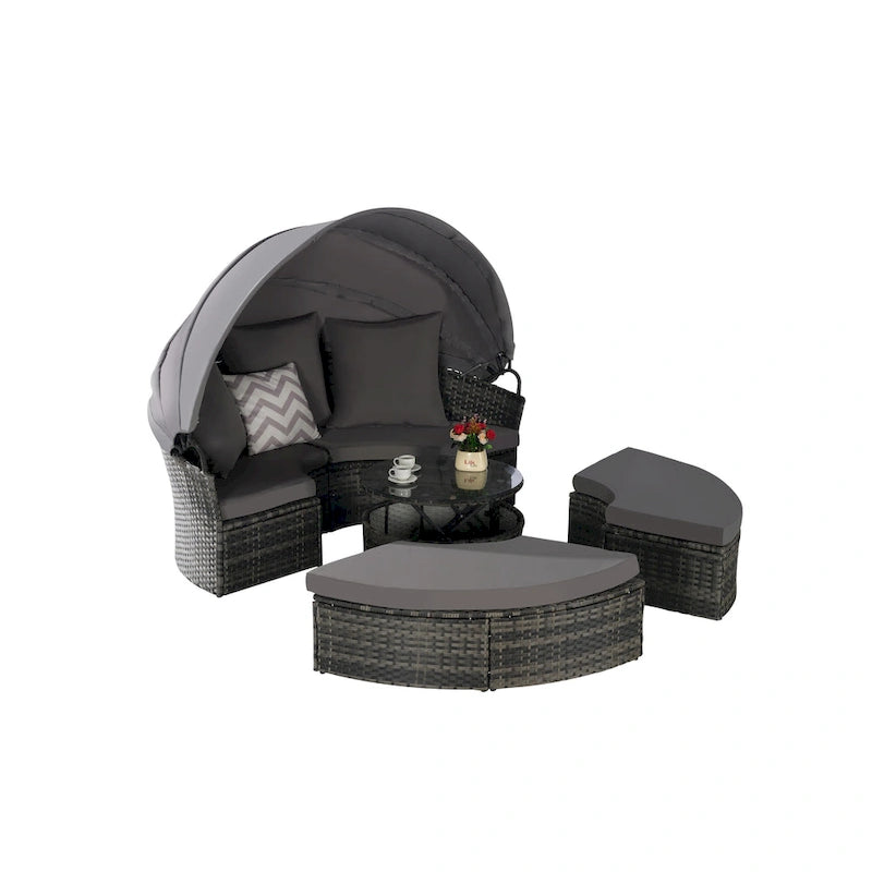 Lit de repos rond d'extérieur en rotin 5 pièces avec auvent rétractable et coussins amovibles