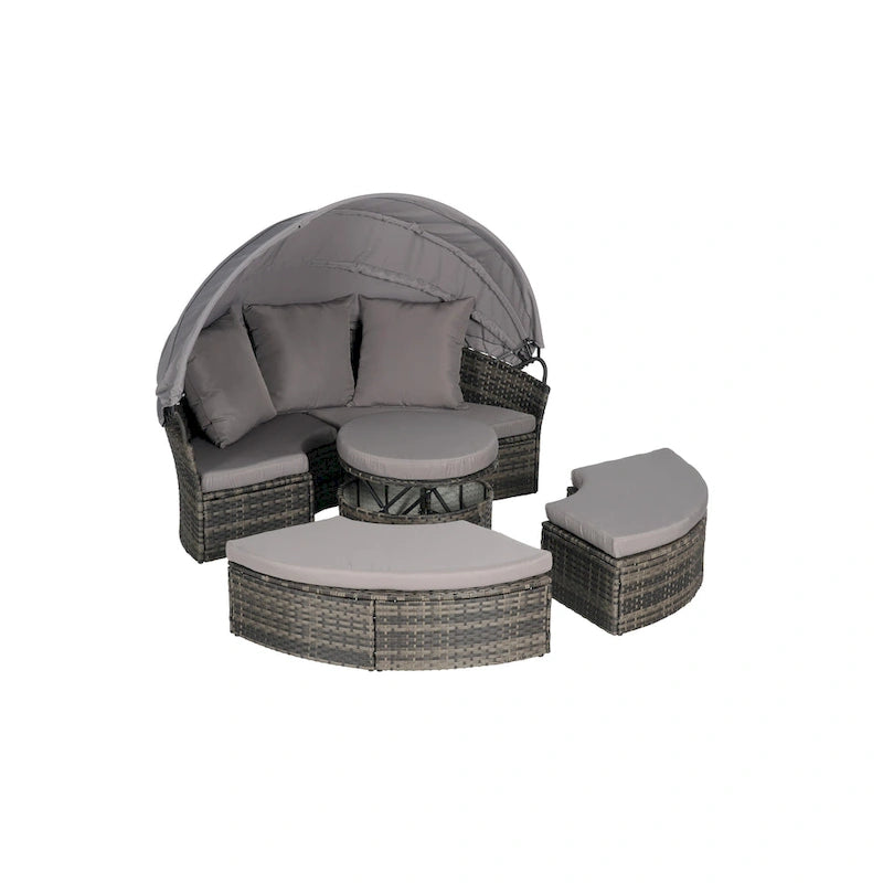 Lit de repos rond d'extérieur en rotin 5 pièces avec auvent rétractable et coussins amovibles