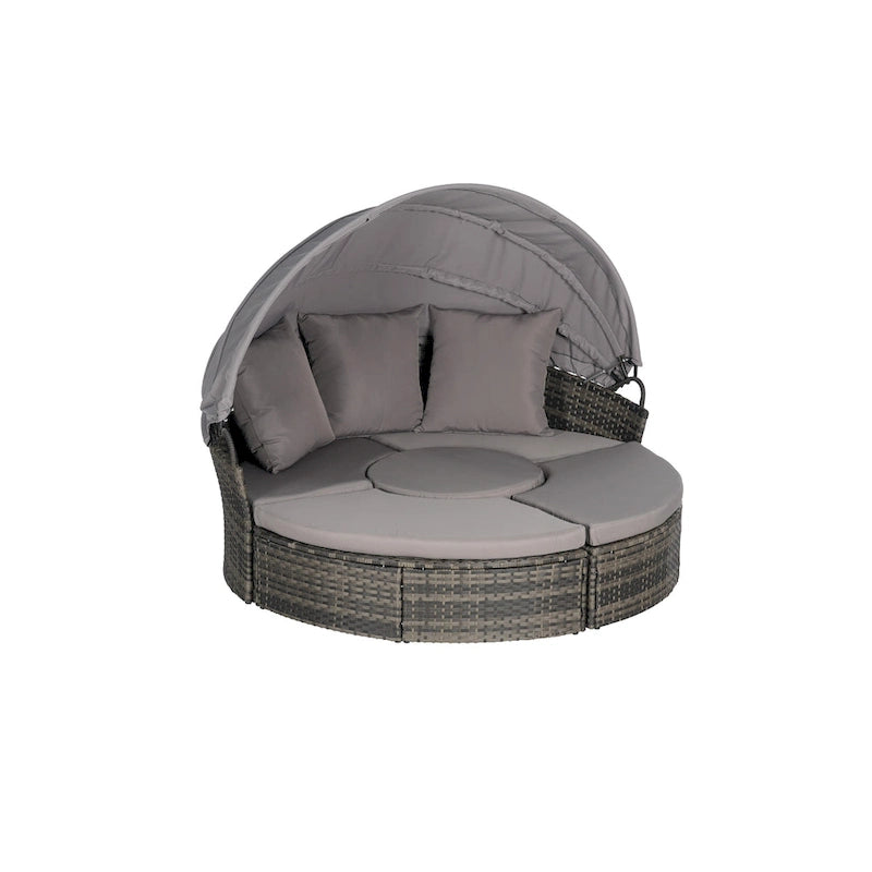 Lit de repos rond d'extérieur en rotin 5 pièces avec auvent rétractable et coussins amovibles