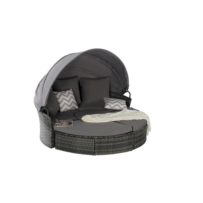 Lit de repos rond d'extérieur en rotin 5 pièces avec auvent rétractable et coussins amovibles