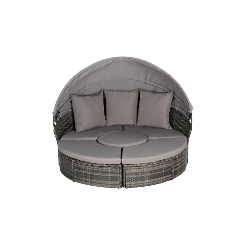 Lit de repos rond d'extérieur en rotin 5 pièces avec auvent rétractable et coussins amovibles