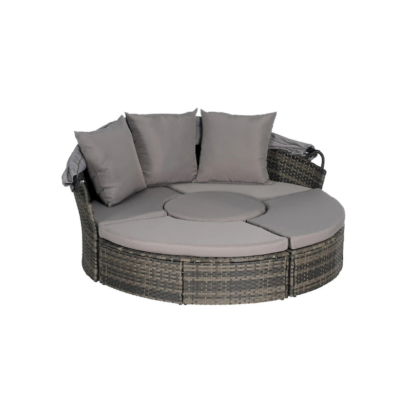 Lit de repos rond d'extérieur en rotin 5 pièces avec auvent rétractable et coussins amovibles