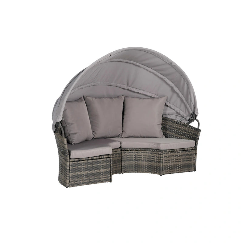 Lit de repos rond d'extérieur en rotin 5 pièces avec auvent rétractable et coussins amovibles