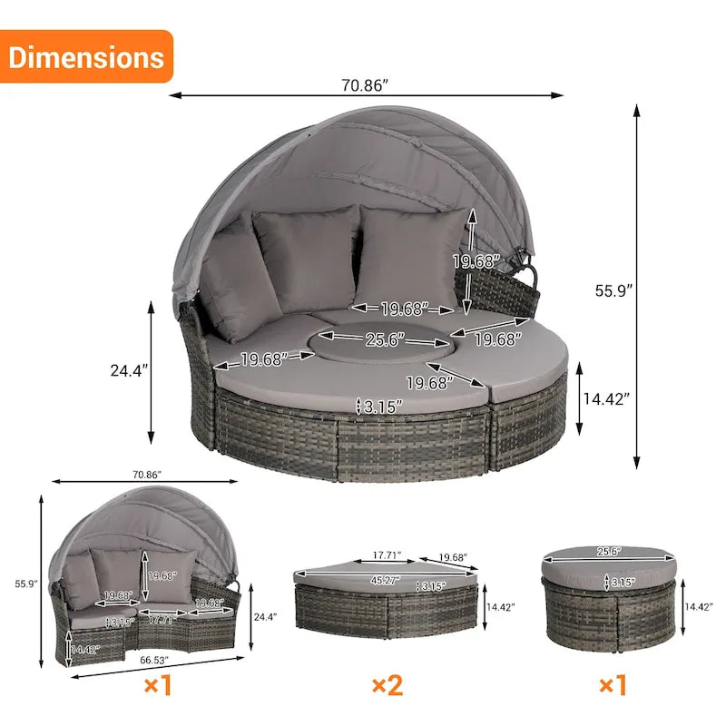 Lit de repos rond d'extérieur en rotin 5 pièces avec auvent rétractable et coussins amovibles