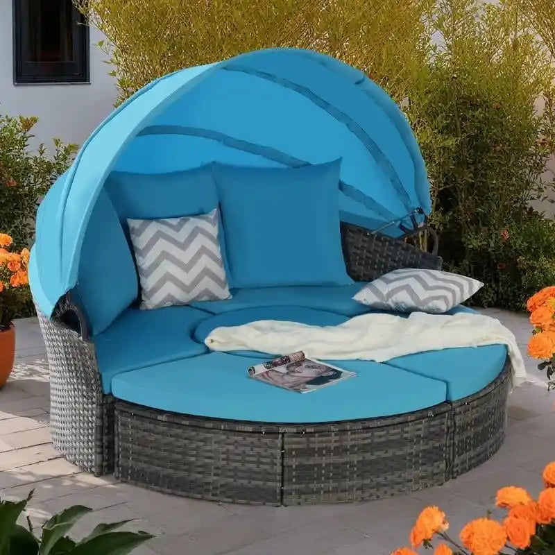 Lit de repos rond d'extérieur en rotin 5 pièces avec auvent rétractable et coussins amovibles