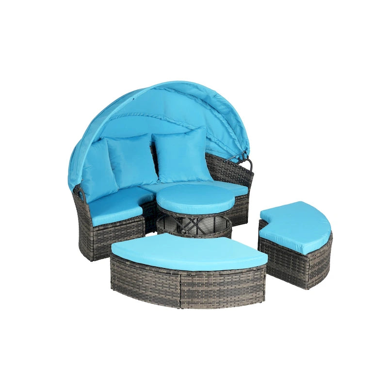 Lit de repos rond d'extérieur en rotin 5 pièces avec auvent rétractable et coussins amovibles