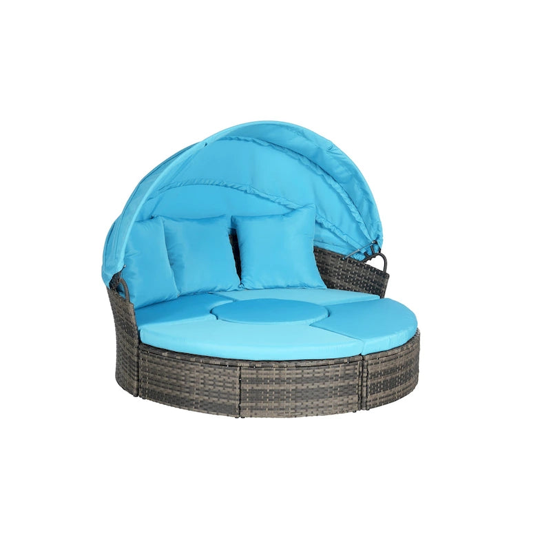 Lit de repos rond d'extérieur en rotin 5 pièces avec auvent rétractable et coussins amovibles