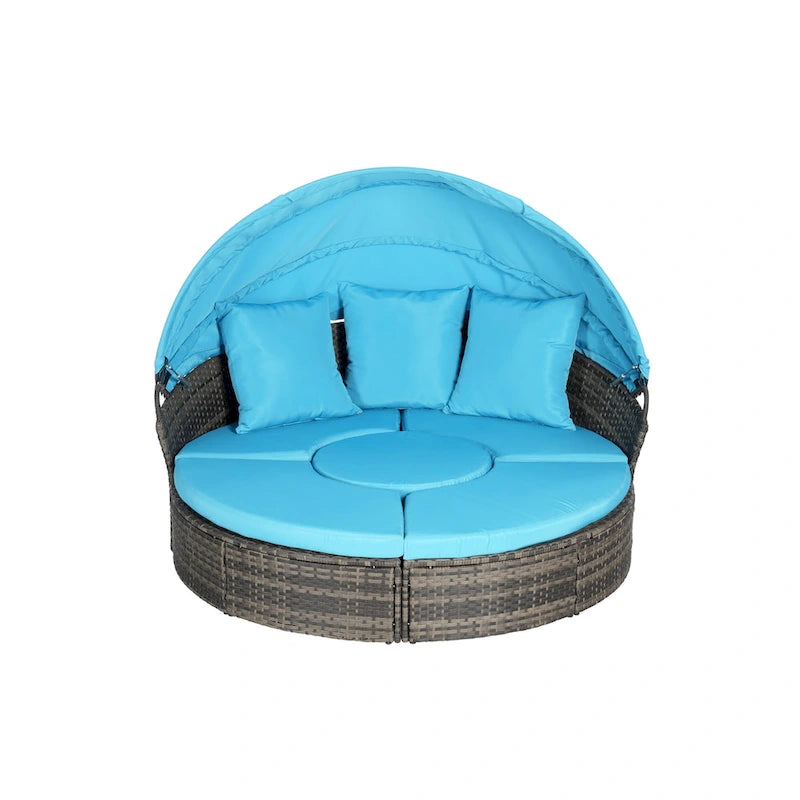 Lit de repos rond d'extérieur en rotin 5 pièces avec auvent rétractable et coussins amovibles