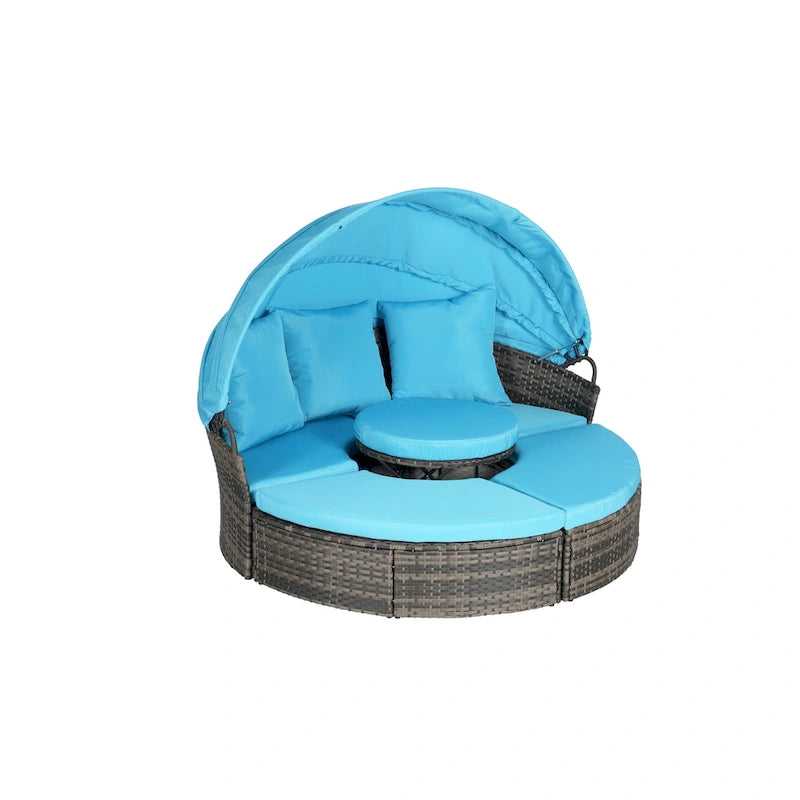 Lit de repos rond d'extérieur en rotin 5 pièces avec auvent rétractable et coussins amovibles