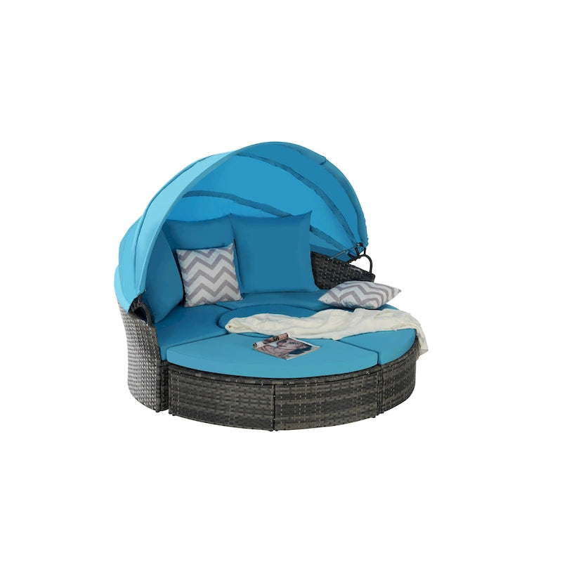 Lit de repos rond d'extérieur en rotin 5 pièces avec auvent rétractable et coussins amovibles