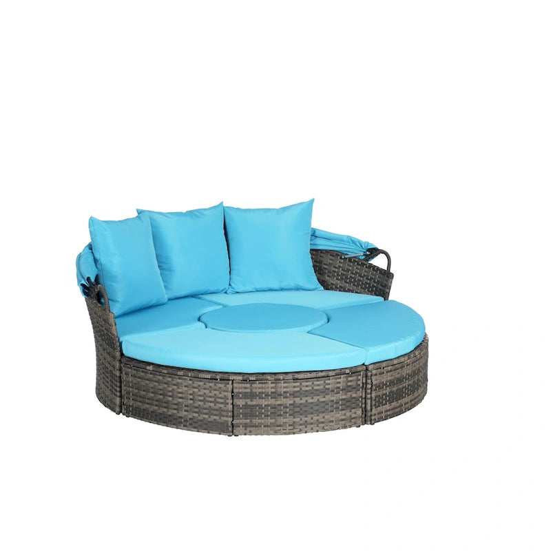 Lit de repos rond d'extérieur en rotin 5 pièces avec auvent rétractable et coussins amovibles