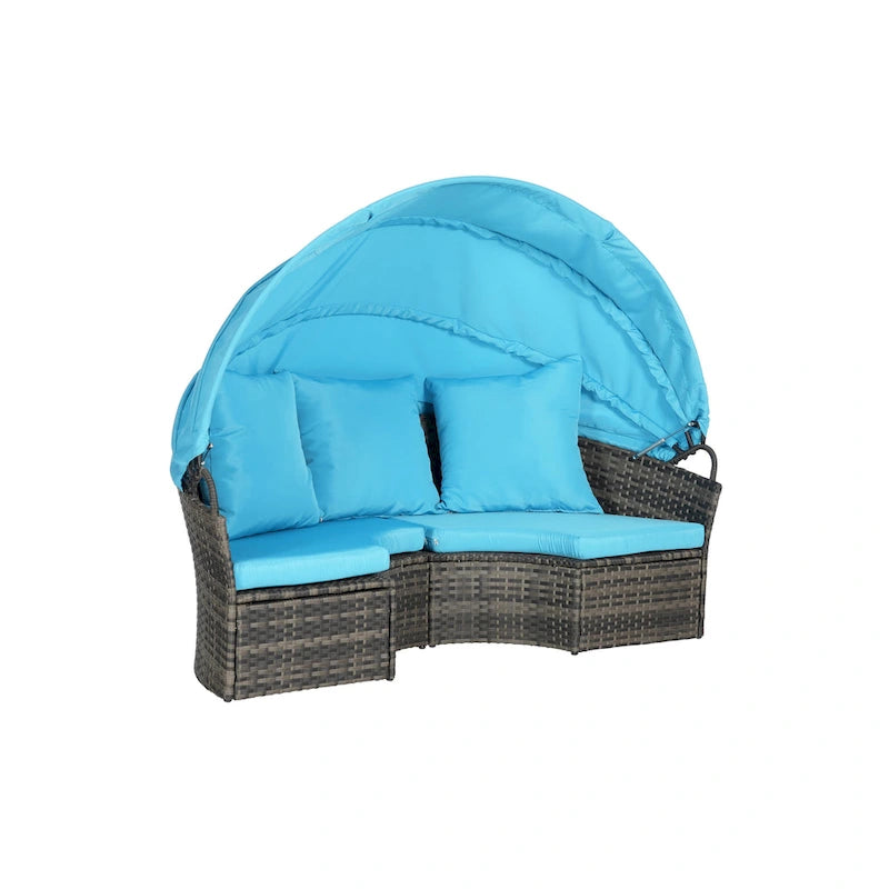 Lit de repos rond d'extérieur en rotin 5 pièces avec auvent rétractable et coussins amovibles