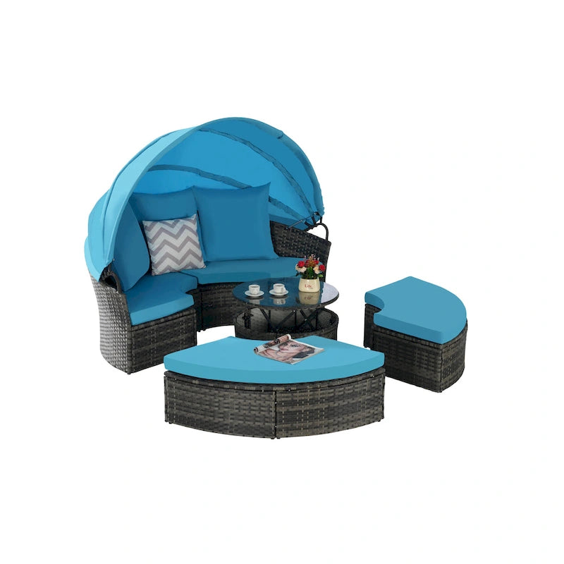 Lit de repos rond d'extérieur en rotin 5 pièces avec auvent rétractable et coussins amovibles