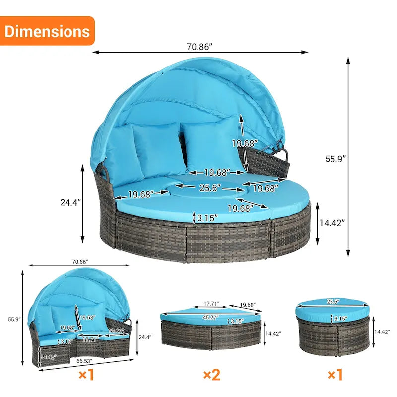 Lit de repos rond d'extérieur en rotin 5 pièces avec auvent rétractable et coussins amovibles