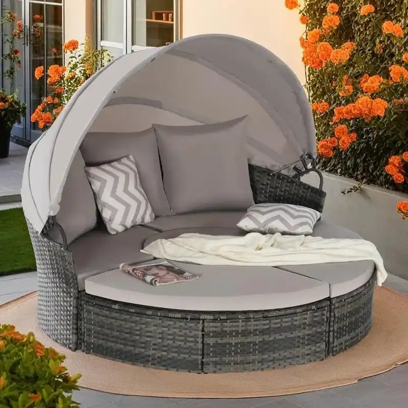 Lit de repos rond d'extérieur en rotin 5 pièces avec auvent rétractable et coussins amovibles