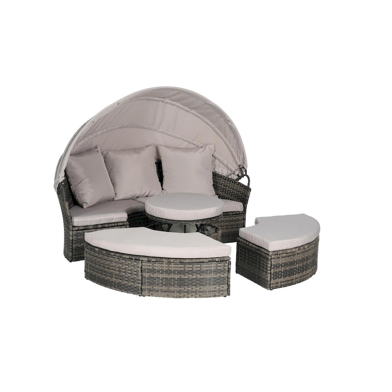 Lit de repos rond d'extérieur en rotin 5 pièces avec auvent rétractable et coussins amovibles