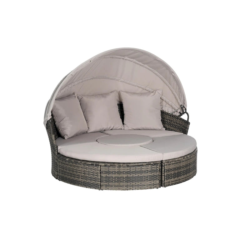 Lit de repos rond d'extérieur en rotin 5 pièces avec auvent rétractable et coussins amovibles