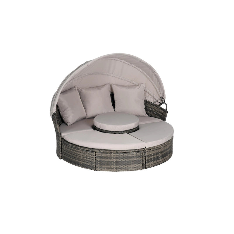 Lit de repos rond d'extérieur en rotin 5 pièces avec auvent rétractable et coussins amovibles