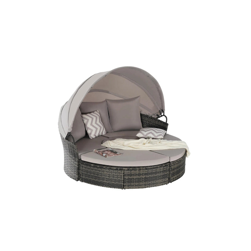 Lit de repos rond d'extérieur en rotin 5 pièces avec auvent rétractable et coussins amovibles