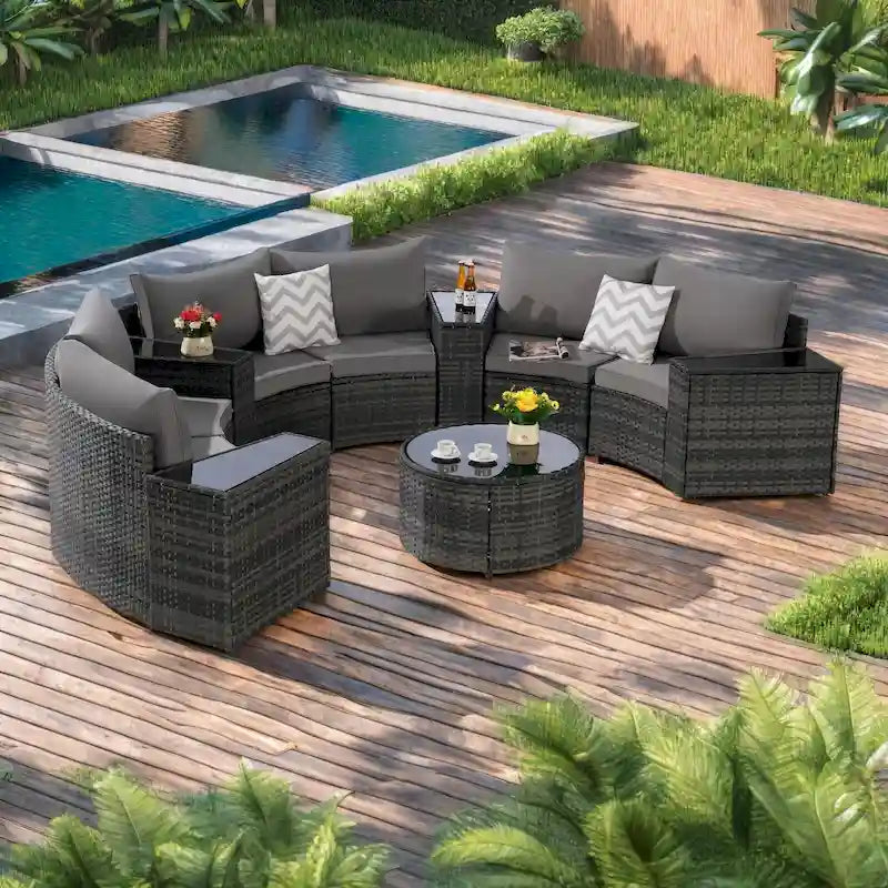 Ensemble de canapé modulaire d'extérieur semi-circulaire 11 pièces avec table basse en verre trempé et 4 tables d'appoint