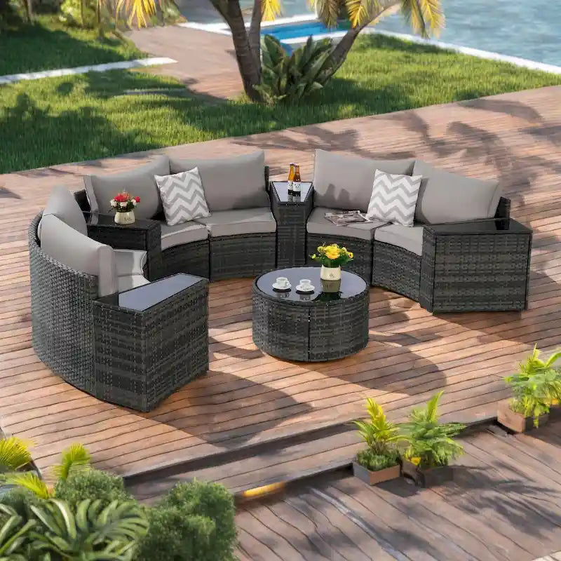 Ensemble de canapé modulaire d'extérieur semi-circulaire 11 pièces avec table basse en verre trempé et 4 tables d'appoint