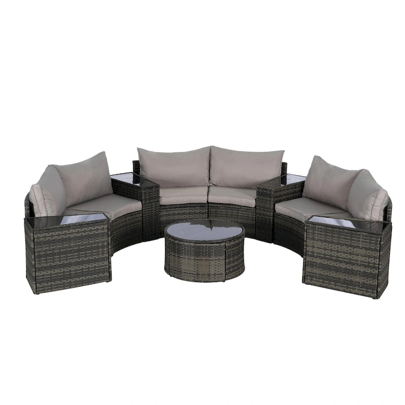 Ensemble de canapé modulaire d'extérieur semi-circulaire 11 pièces avec table basse en verre trempé et 4 tables d'appoint