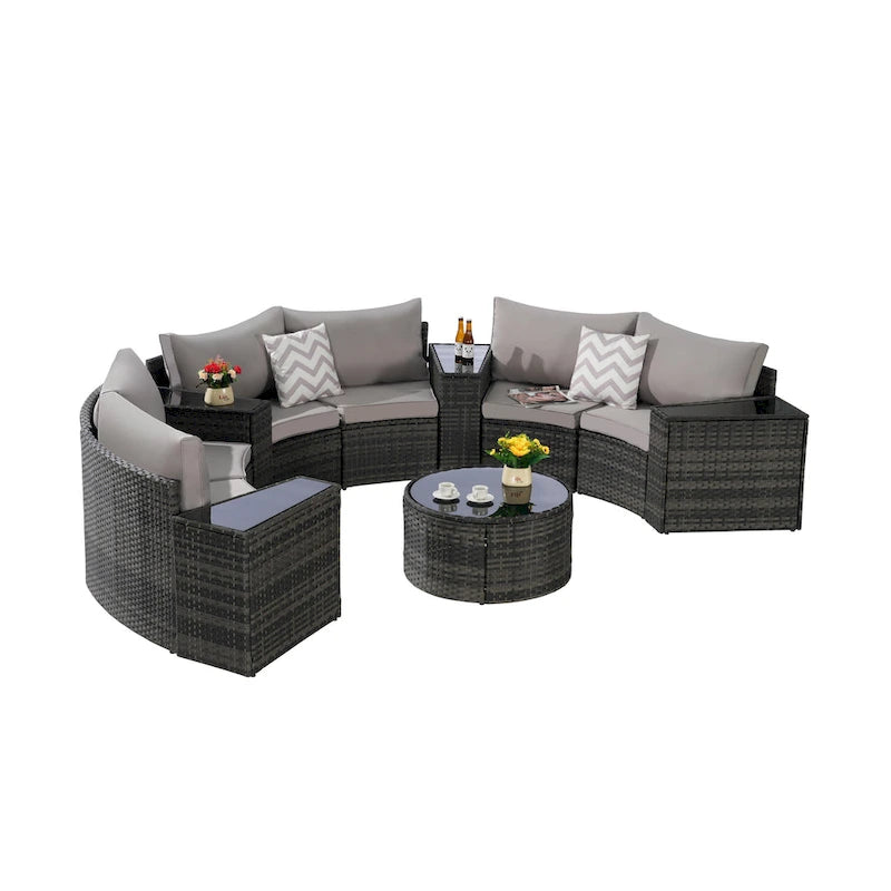 Ensemble de canapé modulaire d'extérieur semi-circulaire 11 pièces avec table basse en verre trempé et 4 tables d'appoint