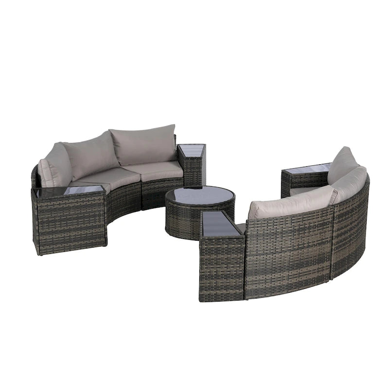 Ensemble de canapé modulaire d'extérieur semi-circulaire 11 pièces avec table basse en verre trempé et 4 tables d'appoint