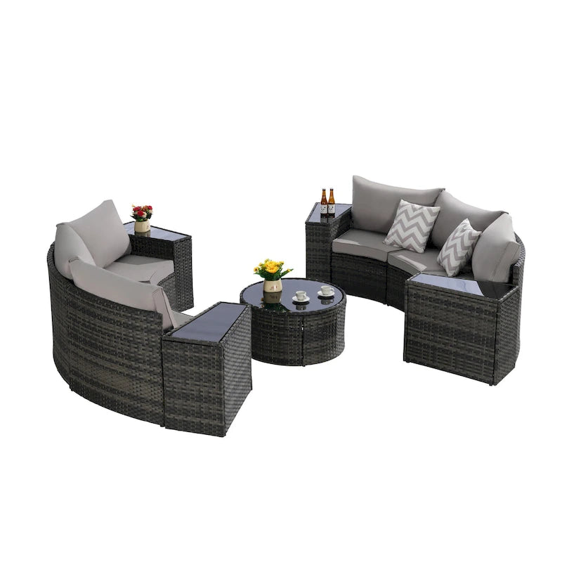 Ensemble de canapé modulaire d'extérieur semi-circulaire 11 pièces avec table basse en verre trempé et 4 tables d'appoint