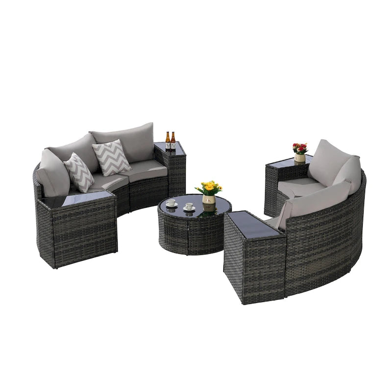 Ensemble de canapé modulaire d'extérieur semi-circulaire 11 pièces avec table basse en verre trempé et 4 tables d'appoint