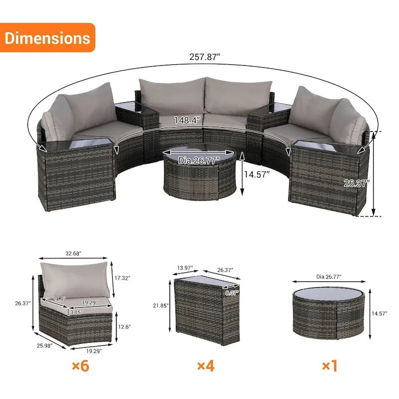 Ensemble de canapé modulaire d'extérieur semi-circulaire 11 pièces avec table basse en verre trempé et 4 tables d'appoint