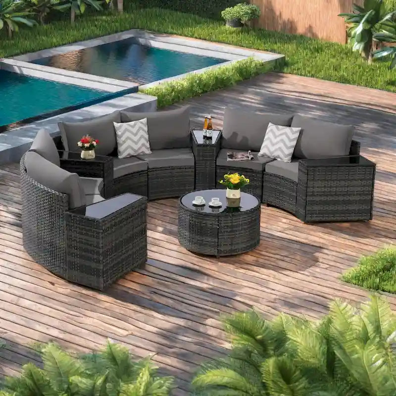 Ensemble de canapé modulaire d'extérieur semi-circulaire 11 pièces avec table basse en verre trempé et 4 tables d'appoint