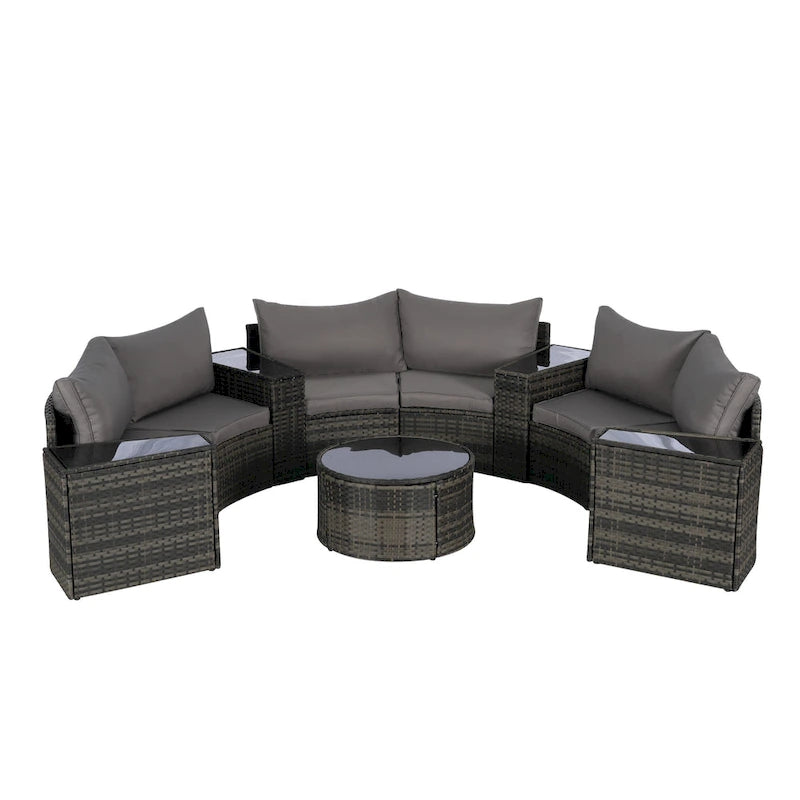 Ensemble de canapé modulaire d'extérieur semi-circulaire 11 pièces avec table basse en verre trempé et 4 tables d'appoint