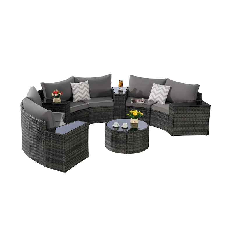 Ensemble de canapé modulaire d'extérieur semi-circulaire 11 pièces avec table basse en verre trempé et 4 tables d'appoint