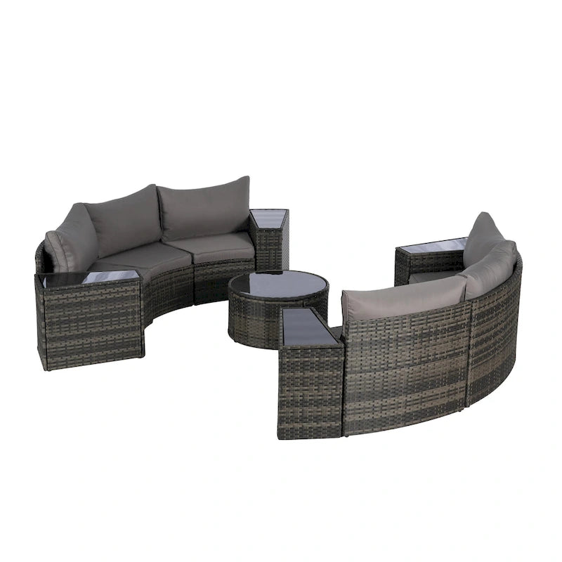 Ensemble de canapé modulaire d'extérieur semi-circulaire 11 pièces avec table basse en verre trempé et 4 tables d'appoint